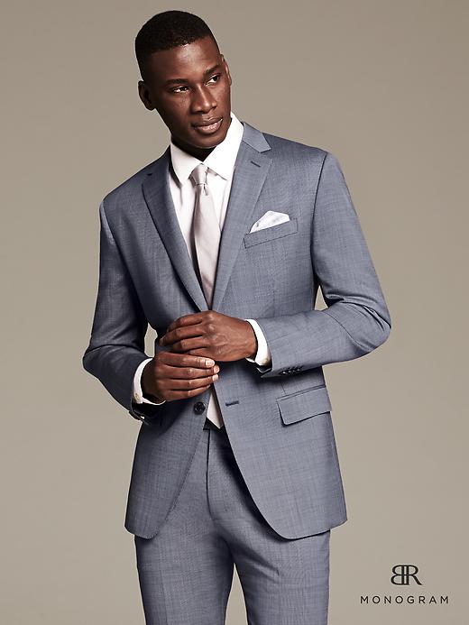 BR Monogram Textured Blue Wool Suit Jacket BR Monogram Textured Blue Wool Suit Jacket