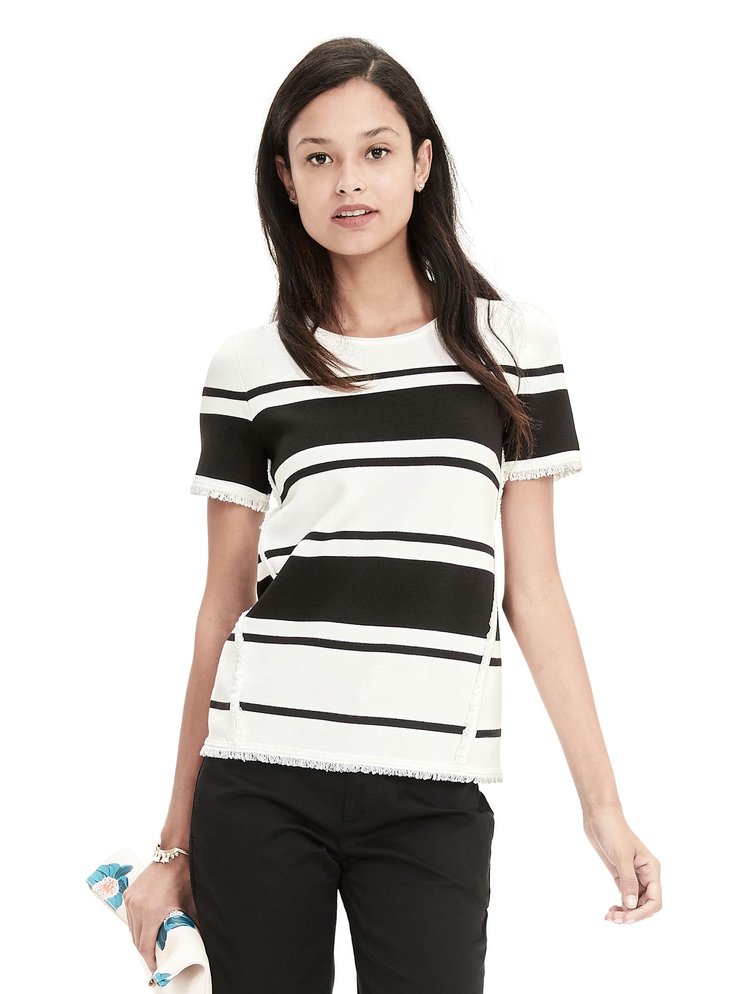 Striped Fray Short-Sleeve Sweater