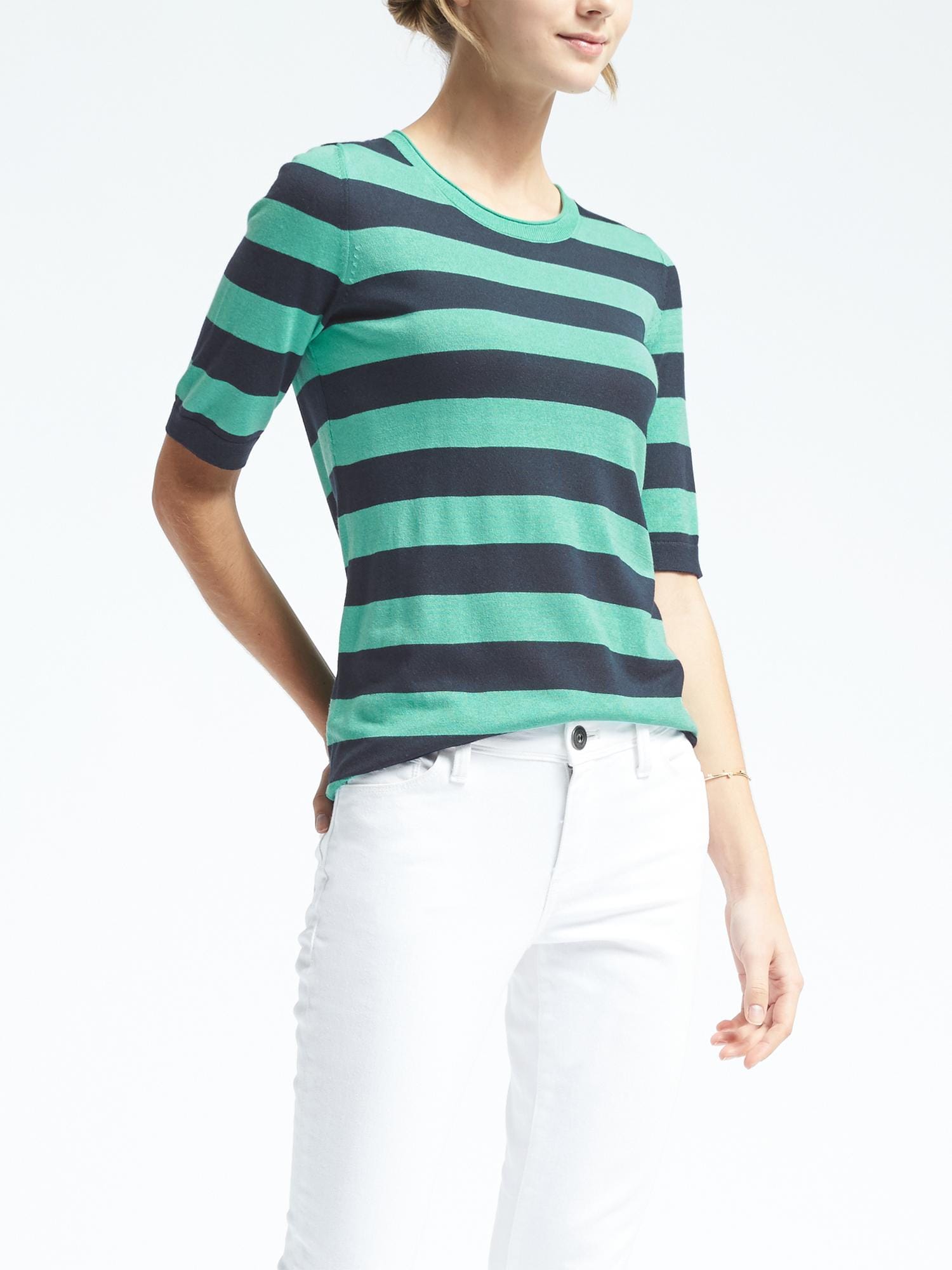 Stripe Silk Cashmere Elbow-Sleeve Pullover