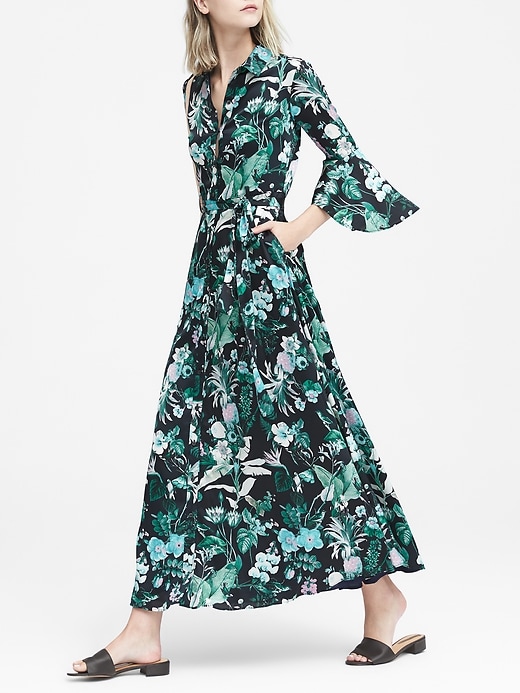 Botanical Print Flutter Sleeve Maxi Shirt Dress Banana Republic