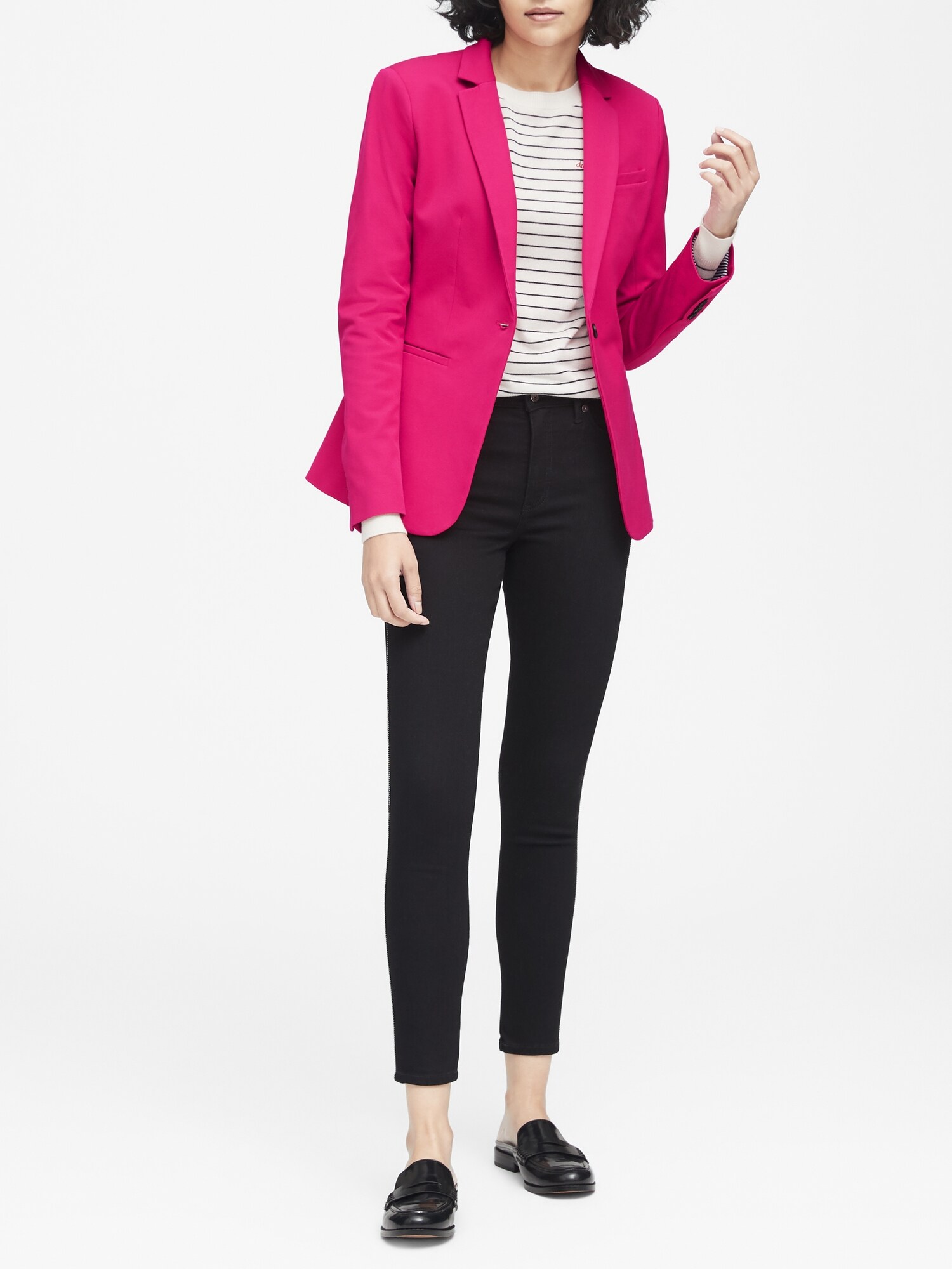 The Petite Long One Button Blazer in Bi-Stretch