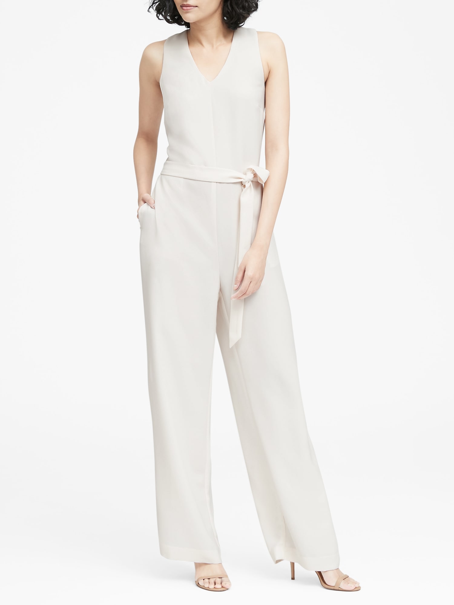 Petite V Neck Tie Waist Jumpsuit Banana Republic