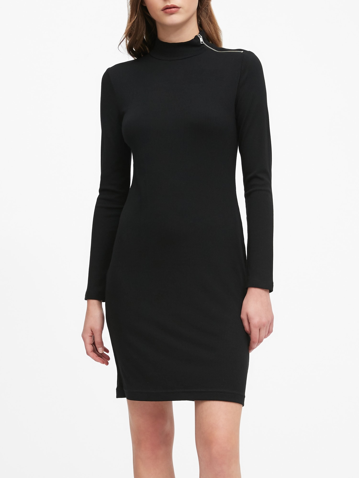 Turtleneck Ribbed-Knit Dress with Zipper