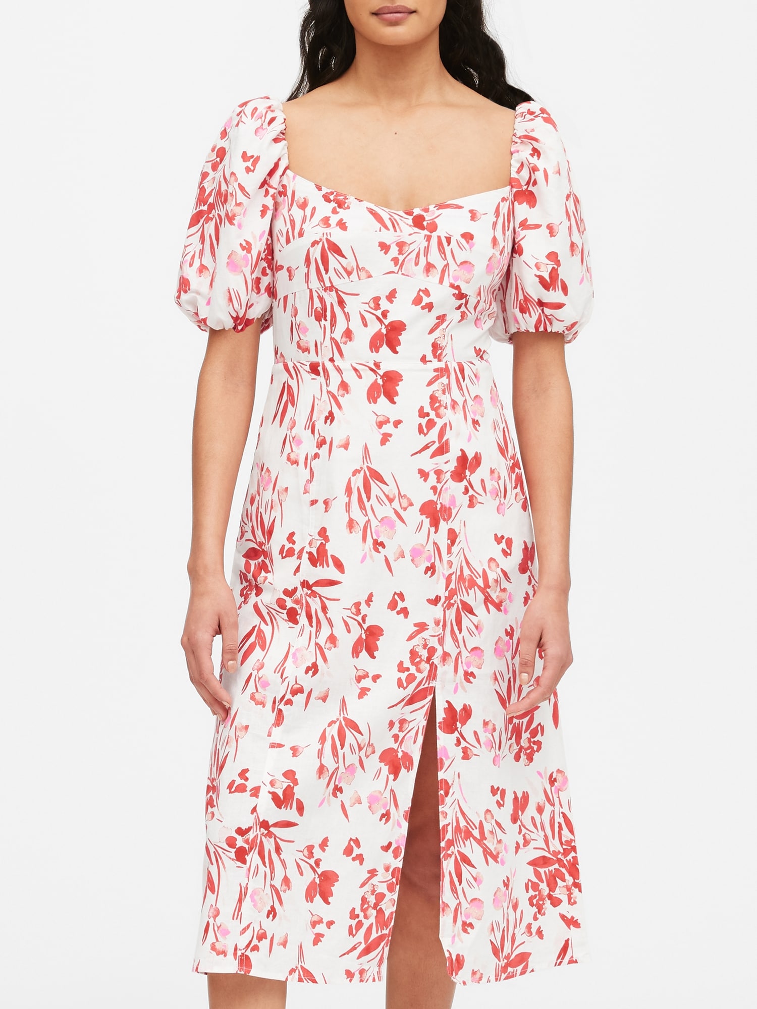 Petite Linen-Cotton Puff-Sleeve Dress