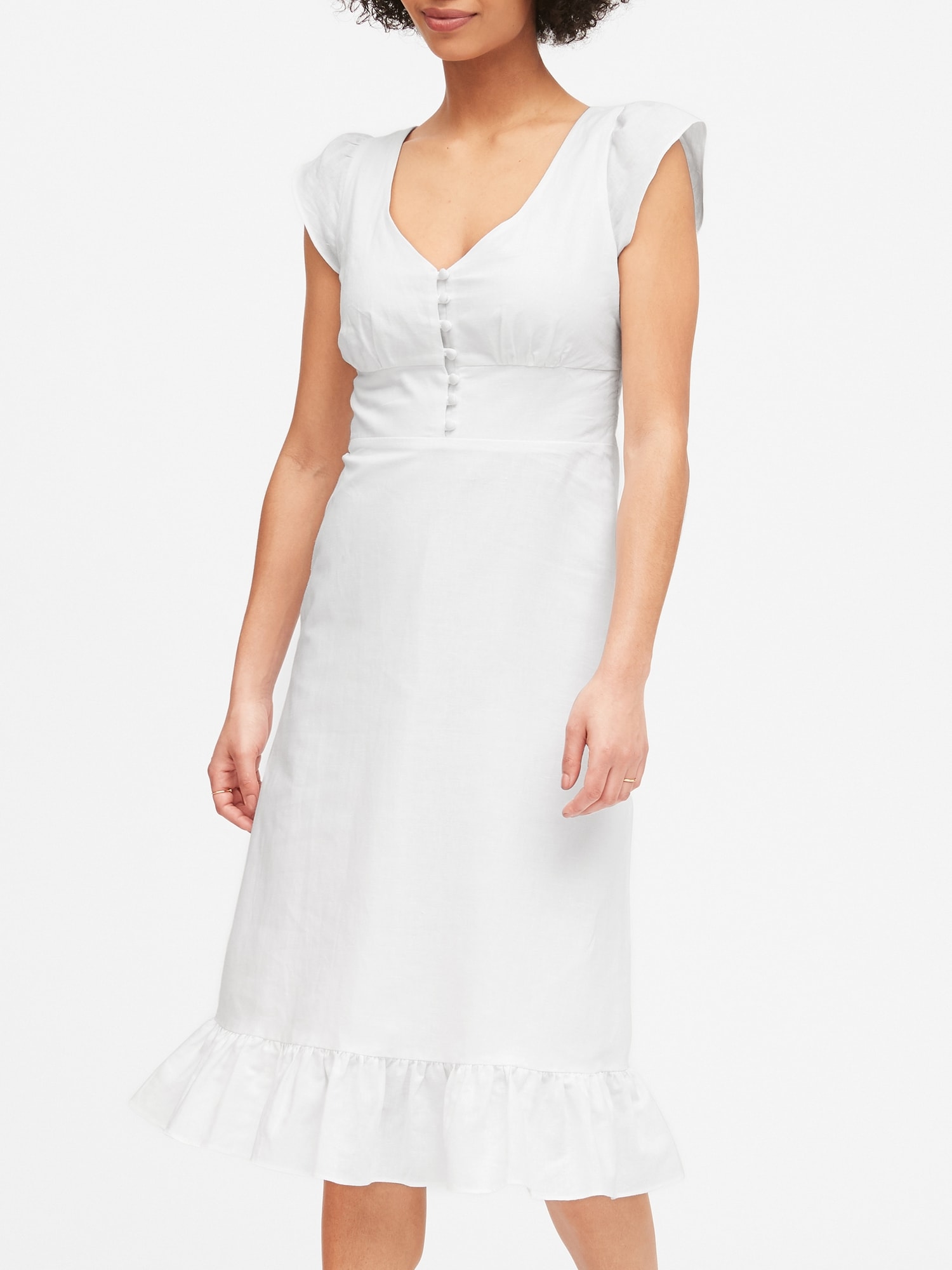 Linen-Cotton Button-Front Midi Dress