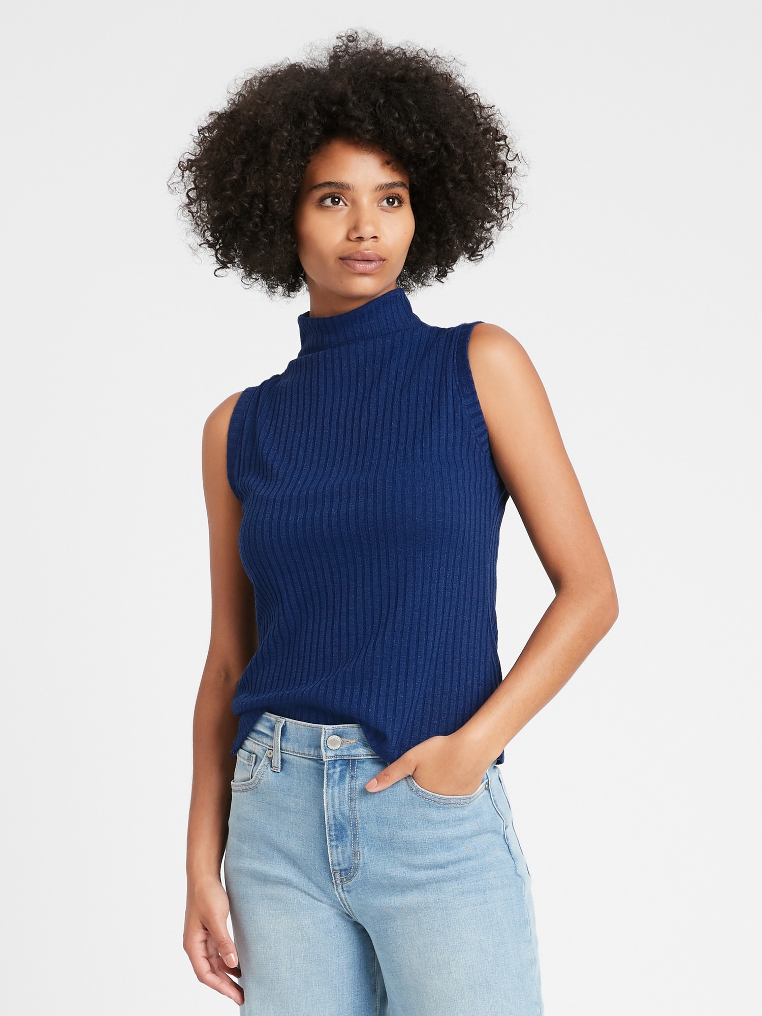 Navy blue sleeveless clearance turtleneck