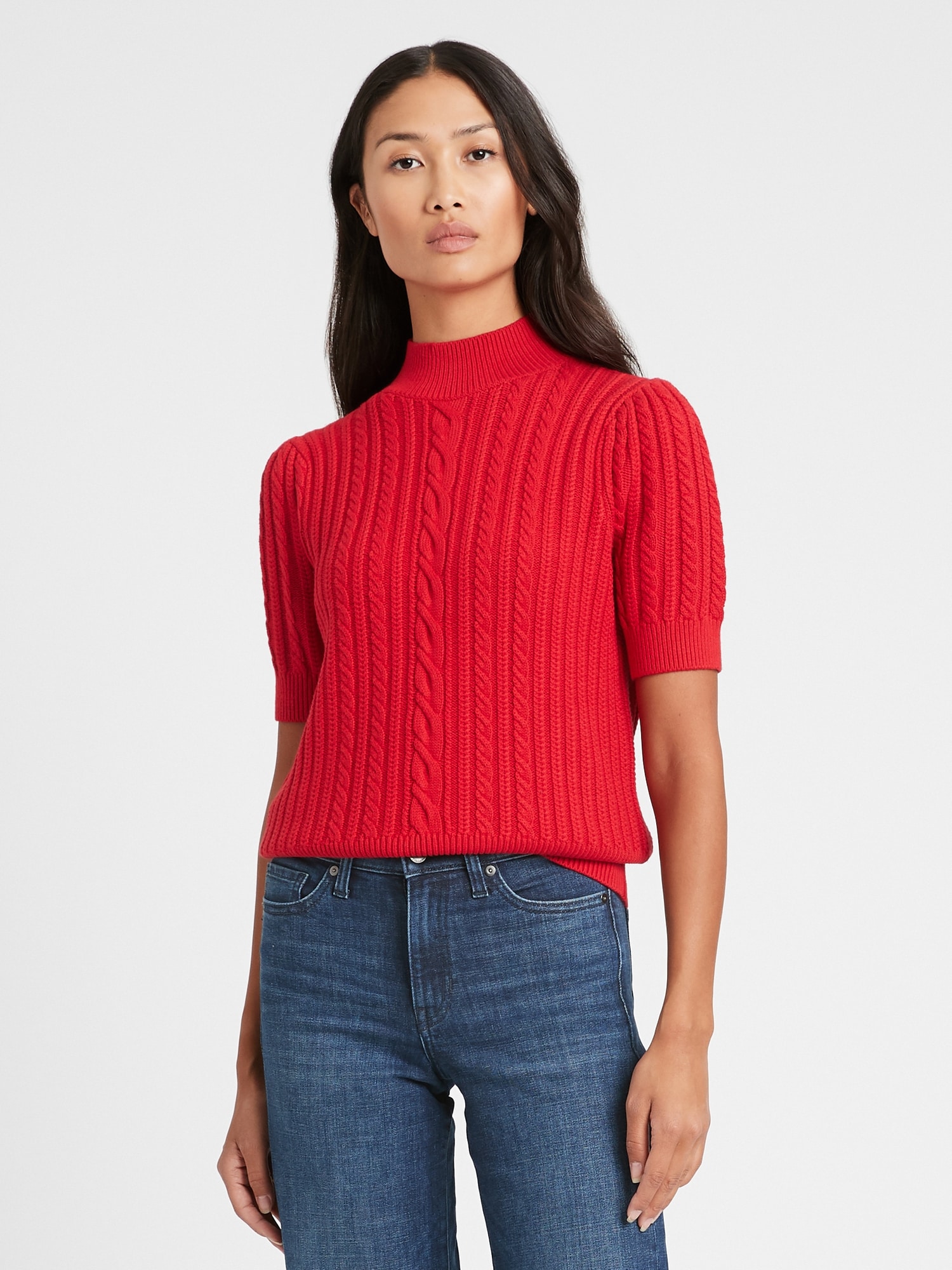 Petite Short-Sleeve Cable-Knit Sweater