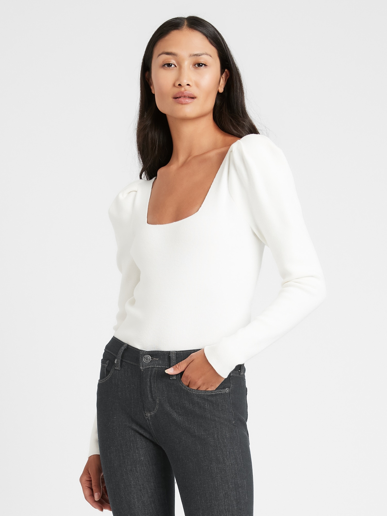 Petite Square-Neck Puff-Sleeve Sweater Top