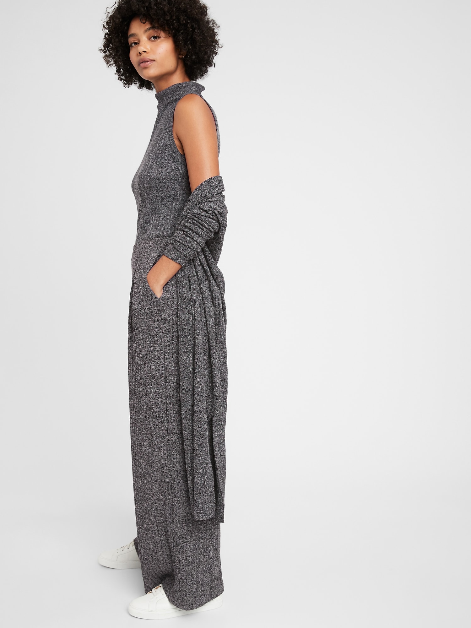 Plus Grey Brushed Rib Knit Wide Leg Pants