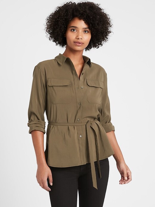 Petite Belted Utility High-Low Shirt