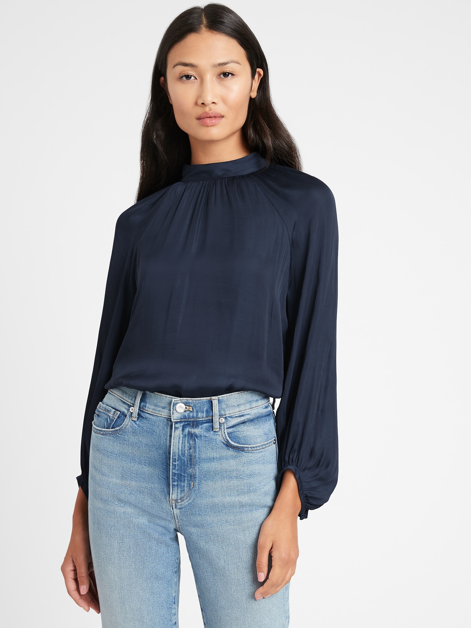 Petite Satin Billow-Sleeve Top | Banana Republic