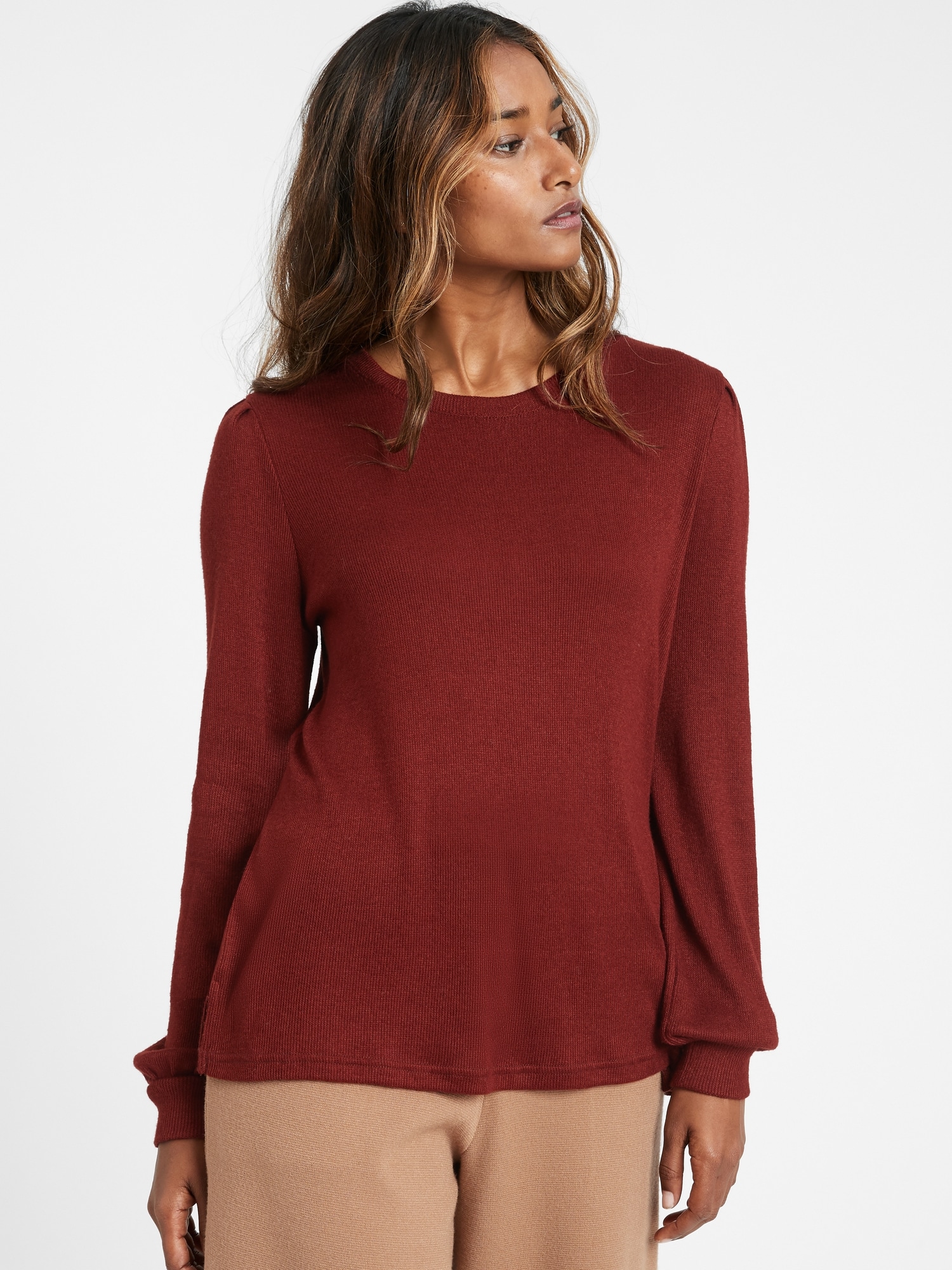 Petite Cozy Ribbed Puff Sleeve Top