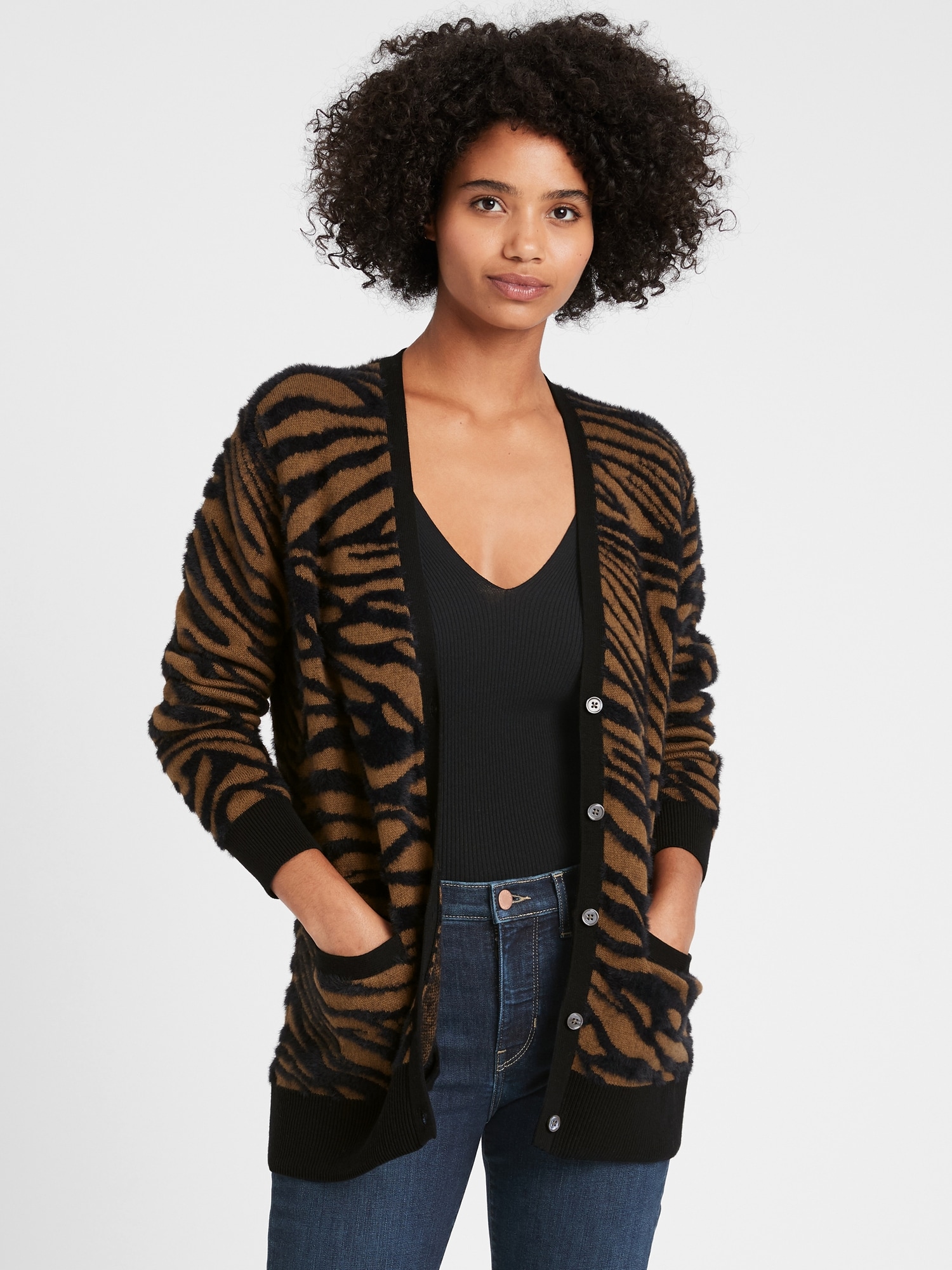 Fuzzy Animal Print Cardigan Sweater Banana Republic