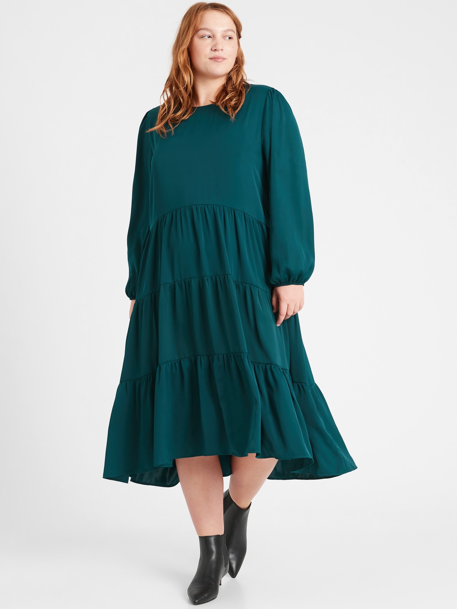 Banana Republic Petite Satin Tiered Midi Dress green. 1