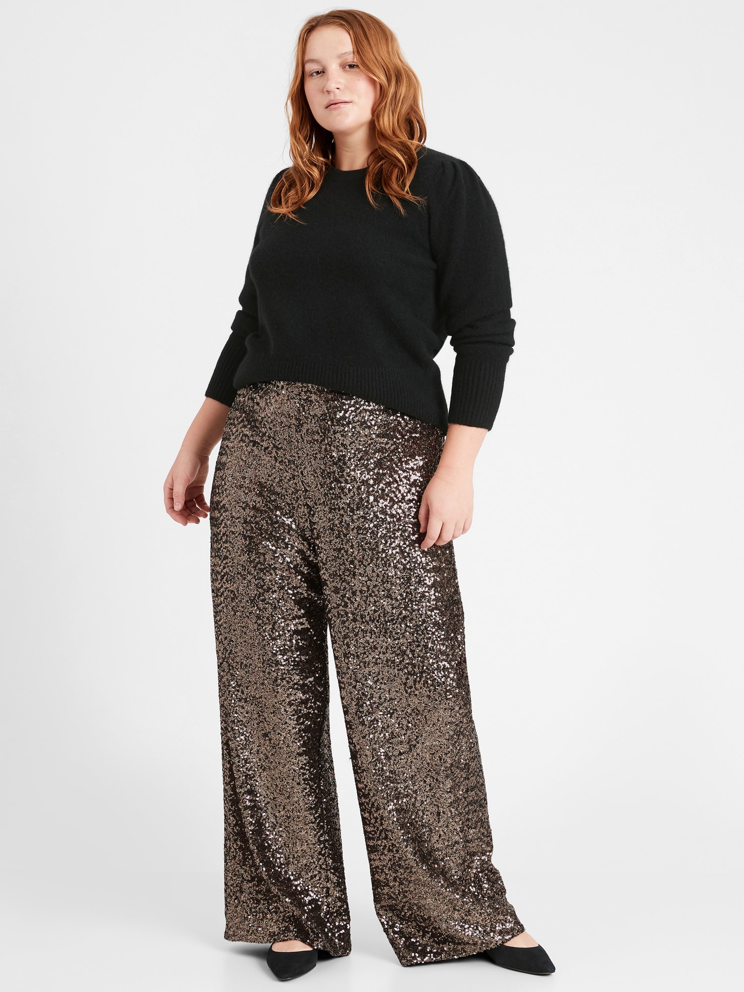 EVALESS Womens Sequin Pants Sparkly Glitter High Waisted Wide Leg