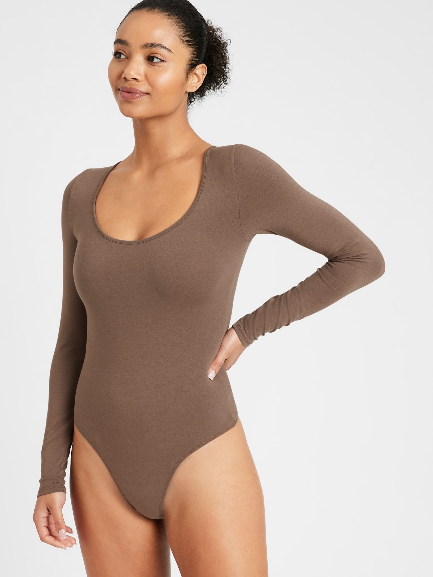 Recycled/organic cotton thong bodysuit with plunge neck, beige