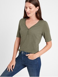 Petite Slub Cotton-Modal Henley T-Shirt