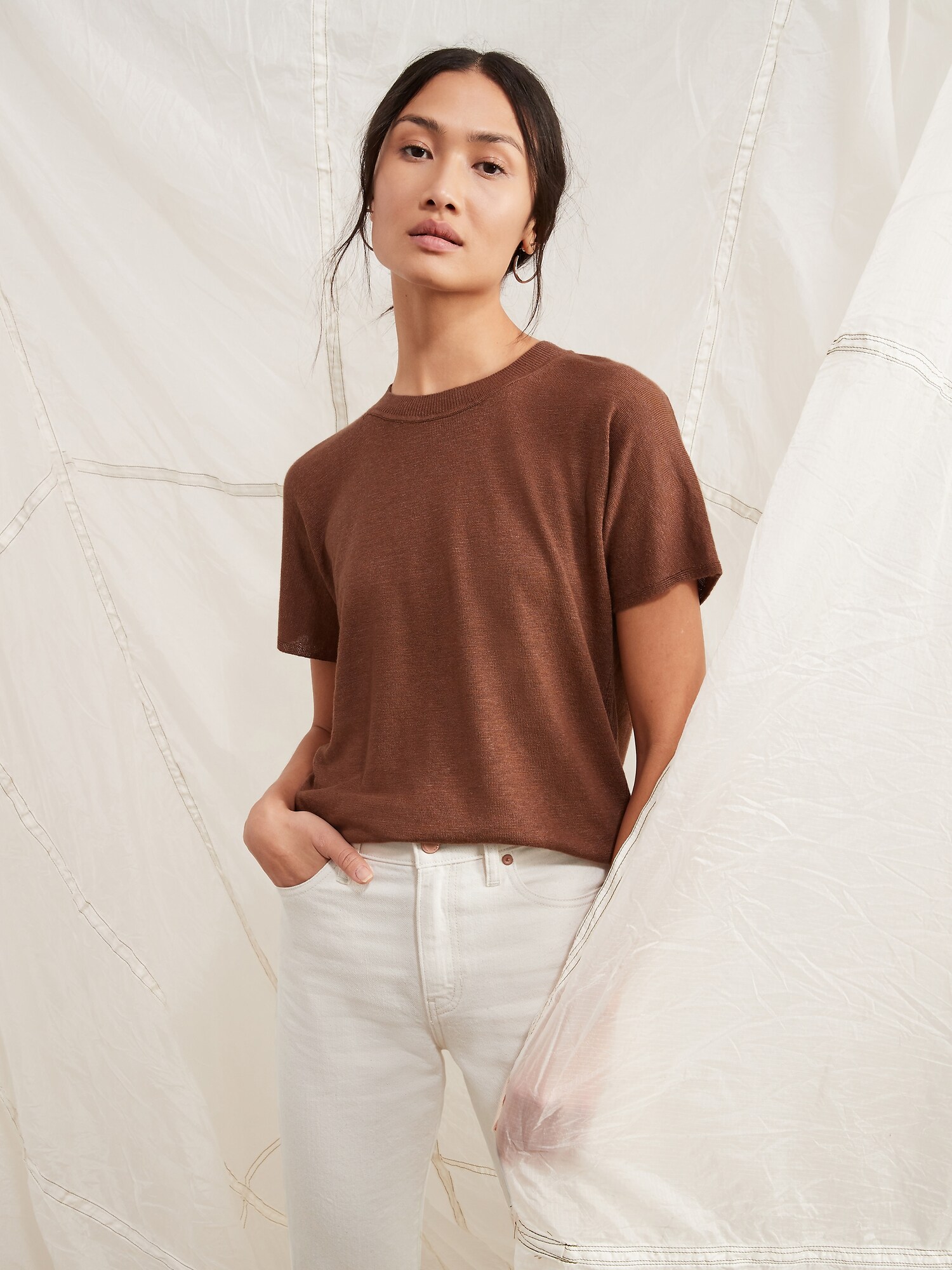 Linen-Blend Short-Sleeve Sweater