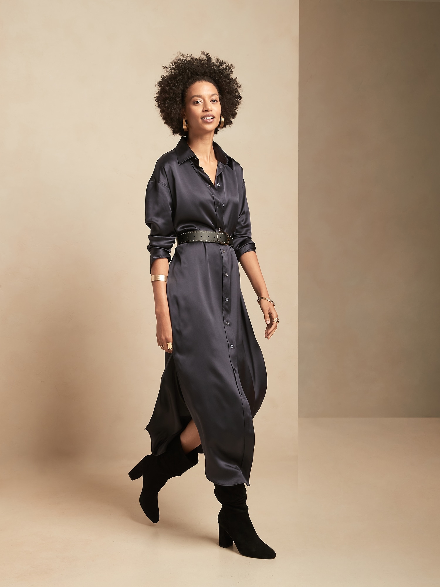 Petite Silk Maxi Shirtdress | Banana 