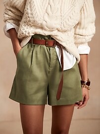 High-Rise Pleated 4" Linen-Cotton Short