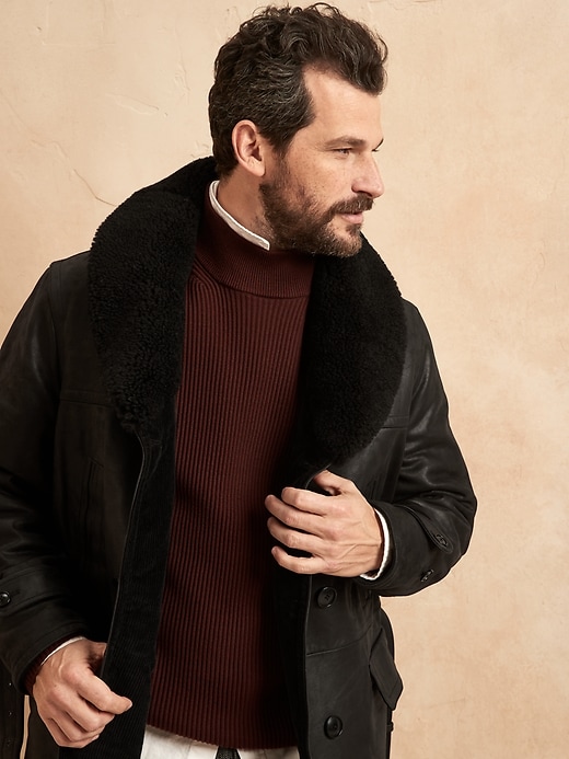 Image number 3 showing, Shawl-Collar Leather Coat with Shearling Collar