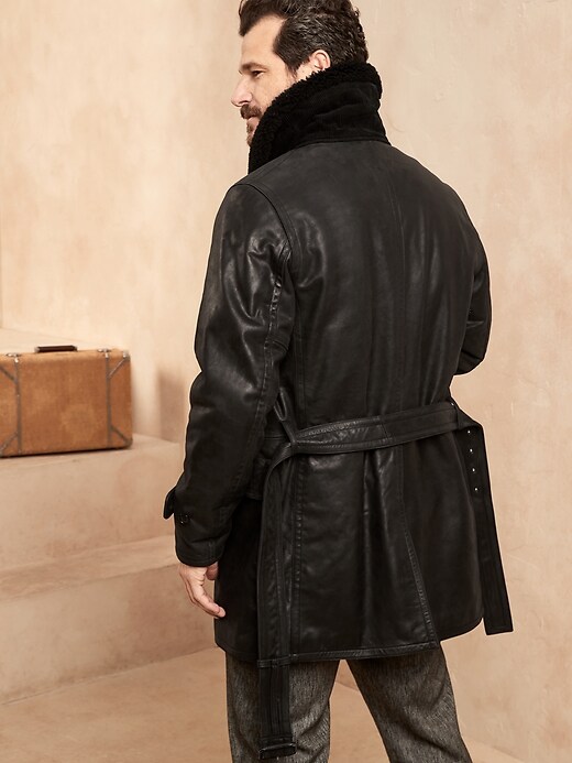 Image number 2 showing, Shawl-Collar Leather Coat with Shearling Collar