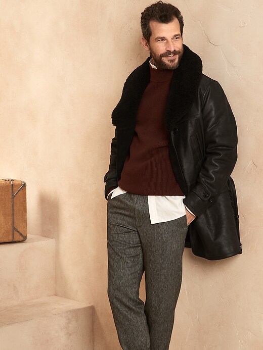 Image number 1 showing, Shawl-Collar Leather Coat with Shearling Collar