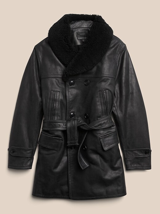 Image number 4 showing, Shawl-Collar Leather Coat with Shearling Collar