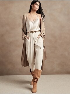 Petite Ribbed Duster Cardigan with Silk