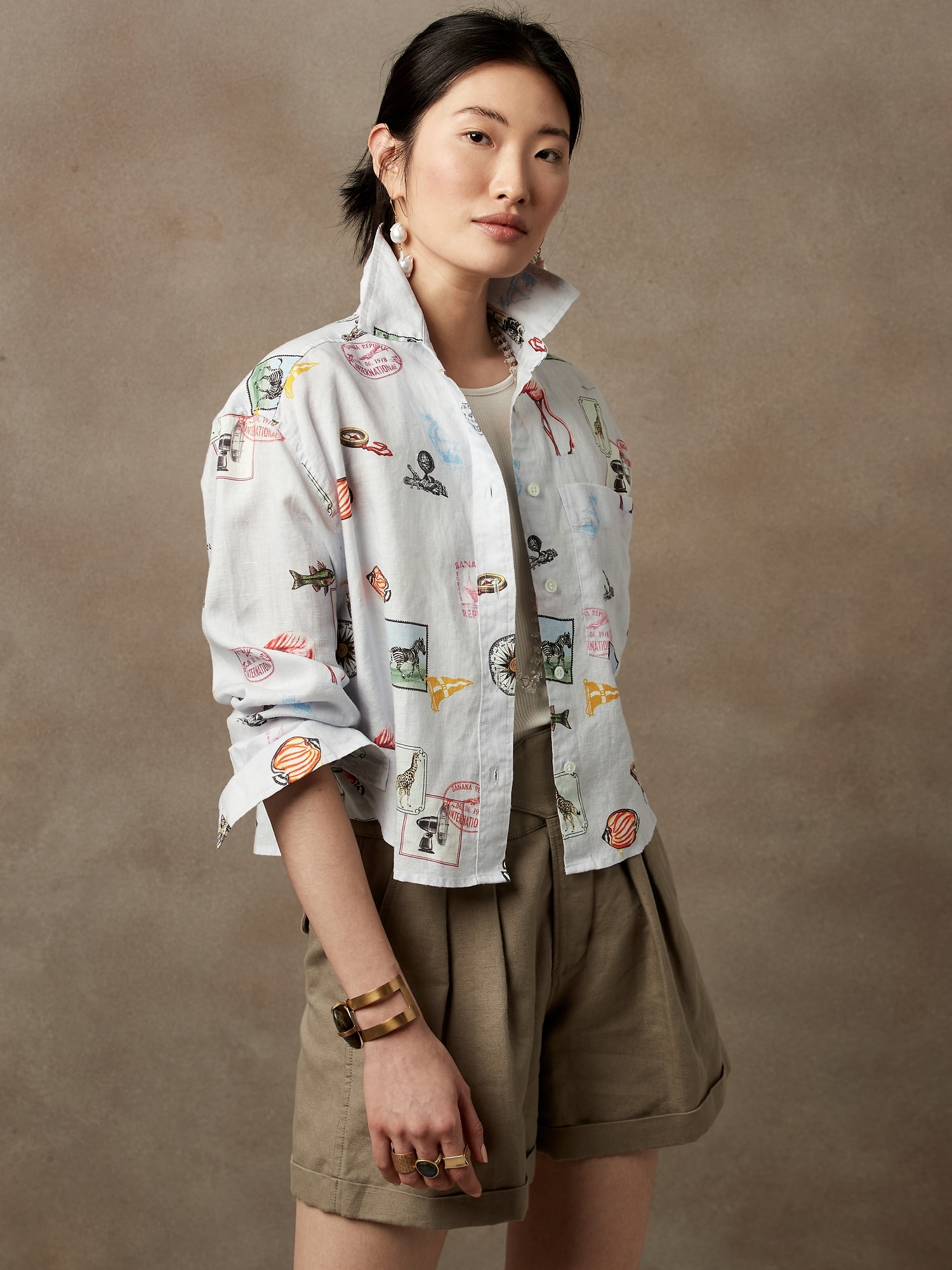 Petite Linen Boxy Cropped Shirt 