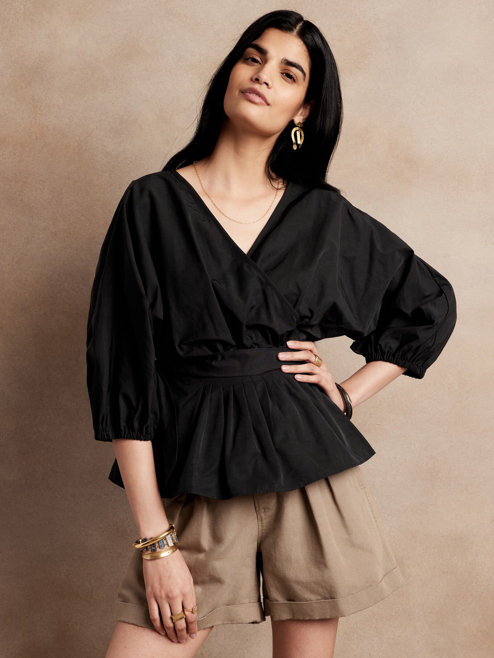Balloon-Sleeve Wrap Top | Banana Republic