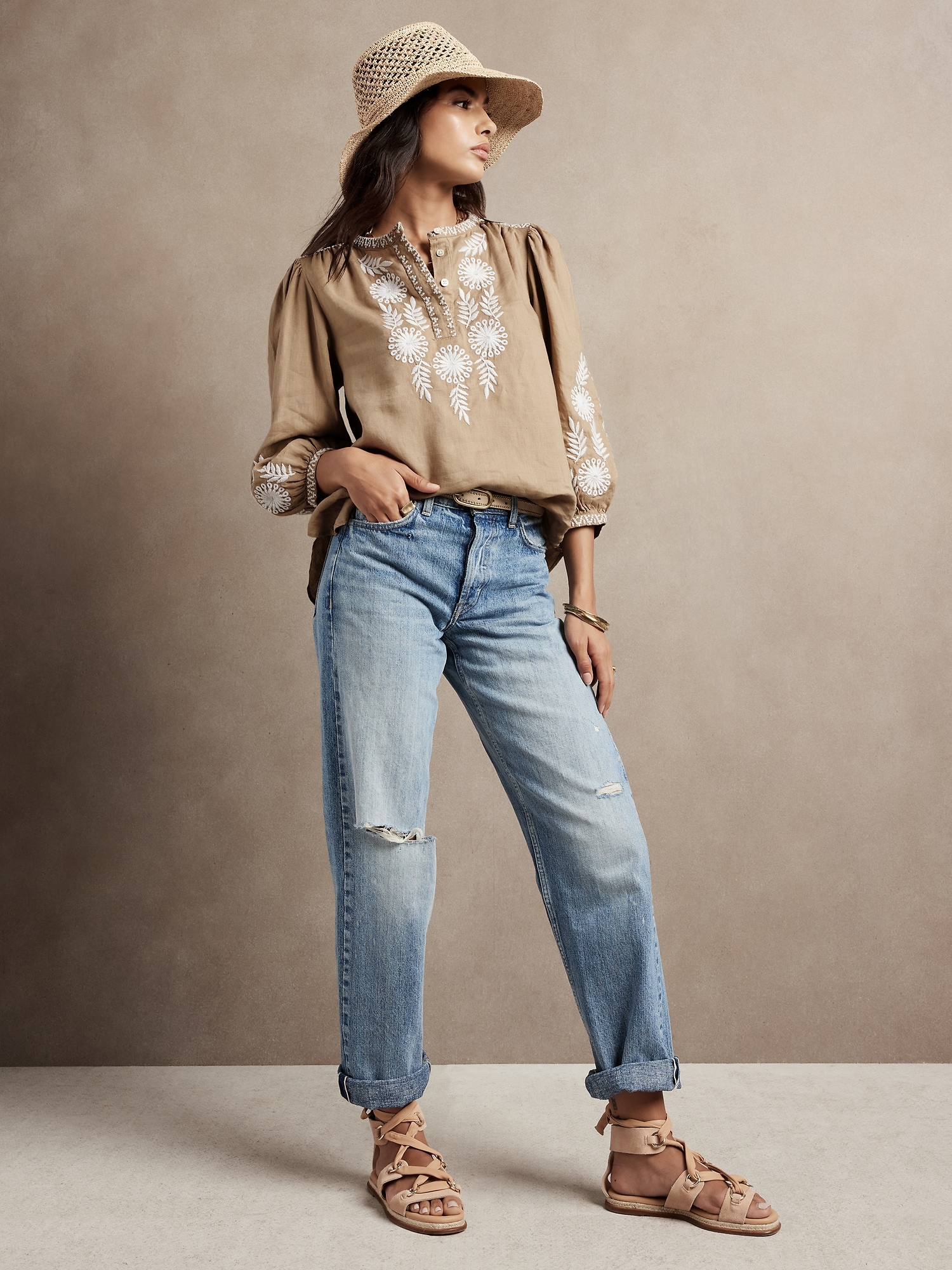Petite Embroidered Linen Blouse