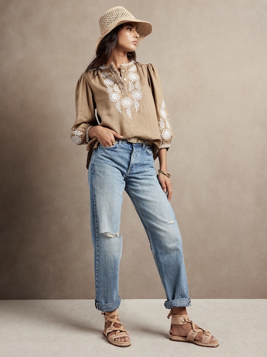 Petite Embroidered Linen Blouse