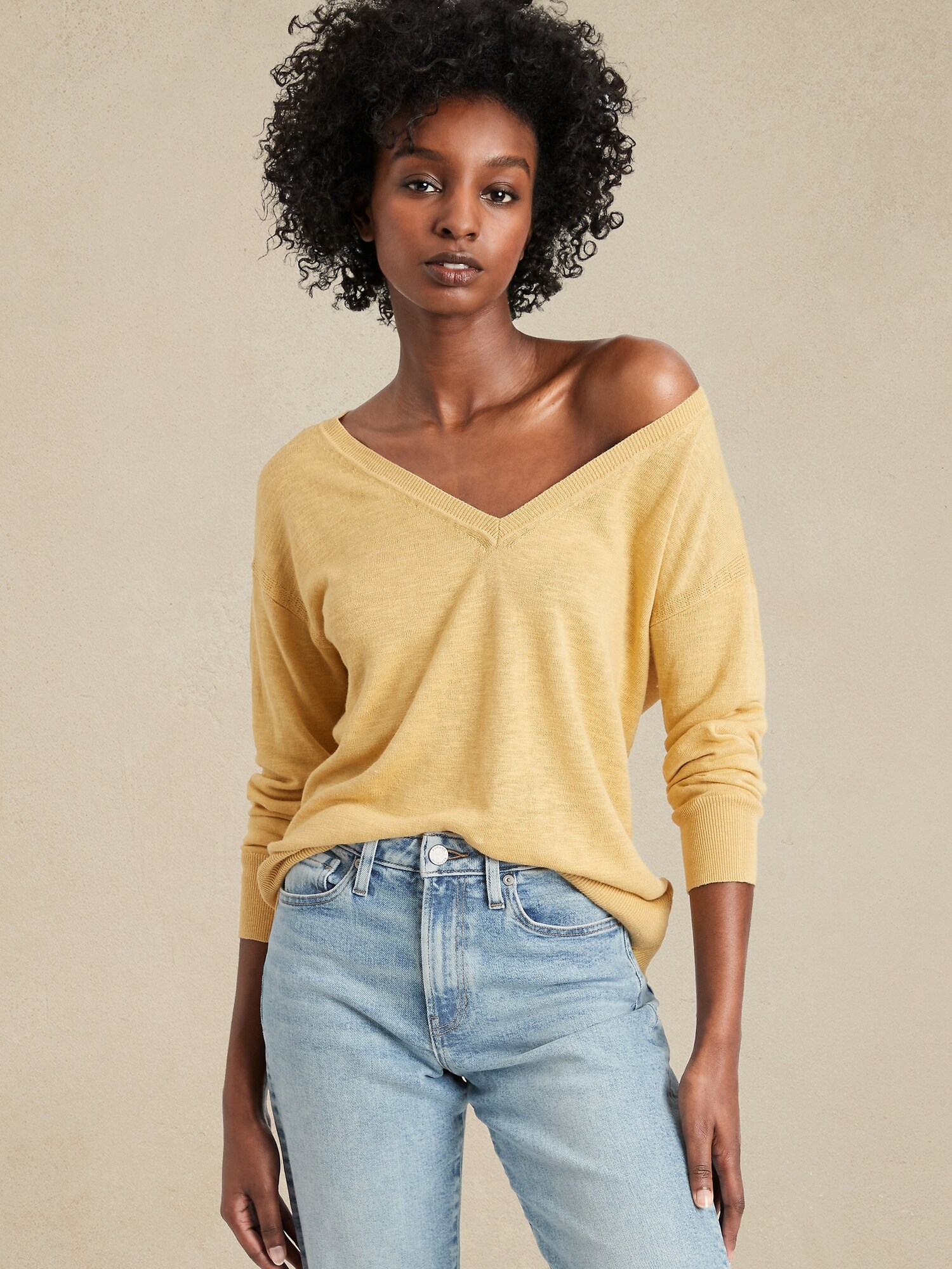 Linen-Blend V-Neck Sweater