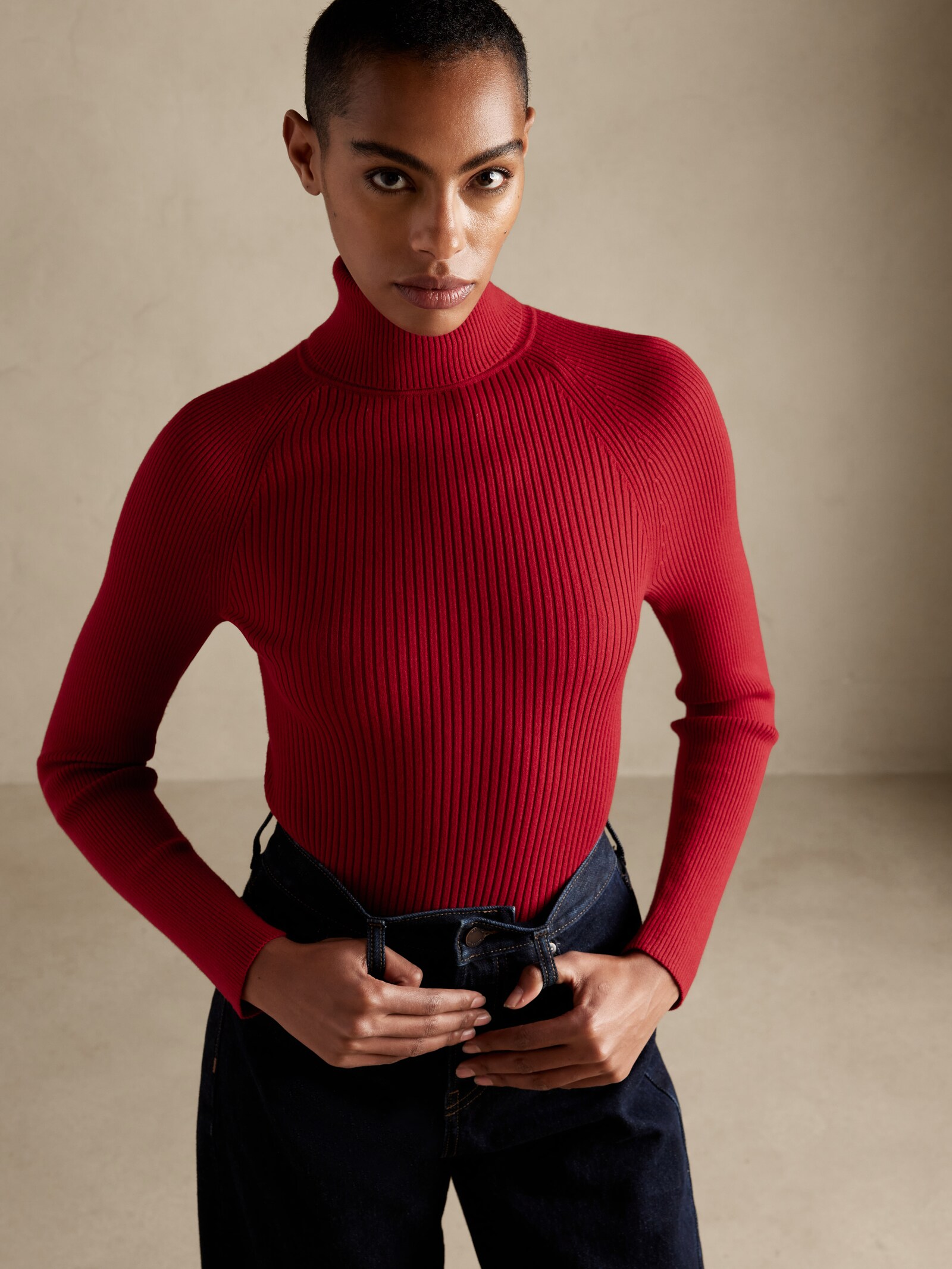 red turtleneck ribbed