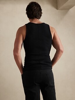 MENS DOUBLE USED RIBBED TANK TOP - BLACK - L - Marrom Escuro