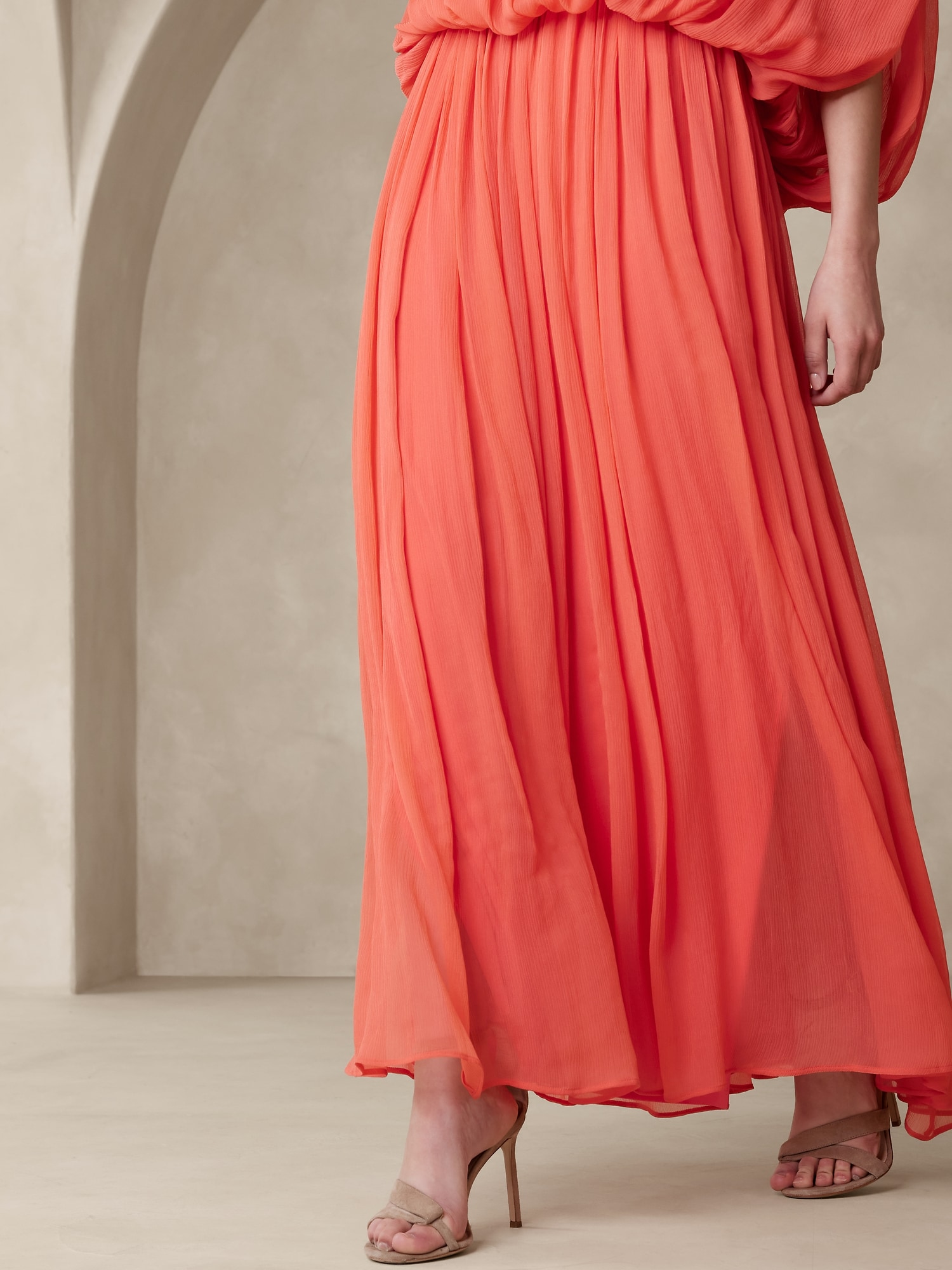 Orange Peach Pleated Maxi Dress With Long Sleeves | SilkFred US