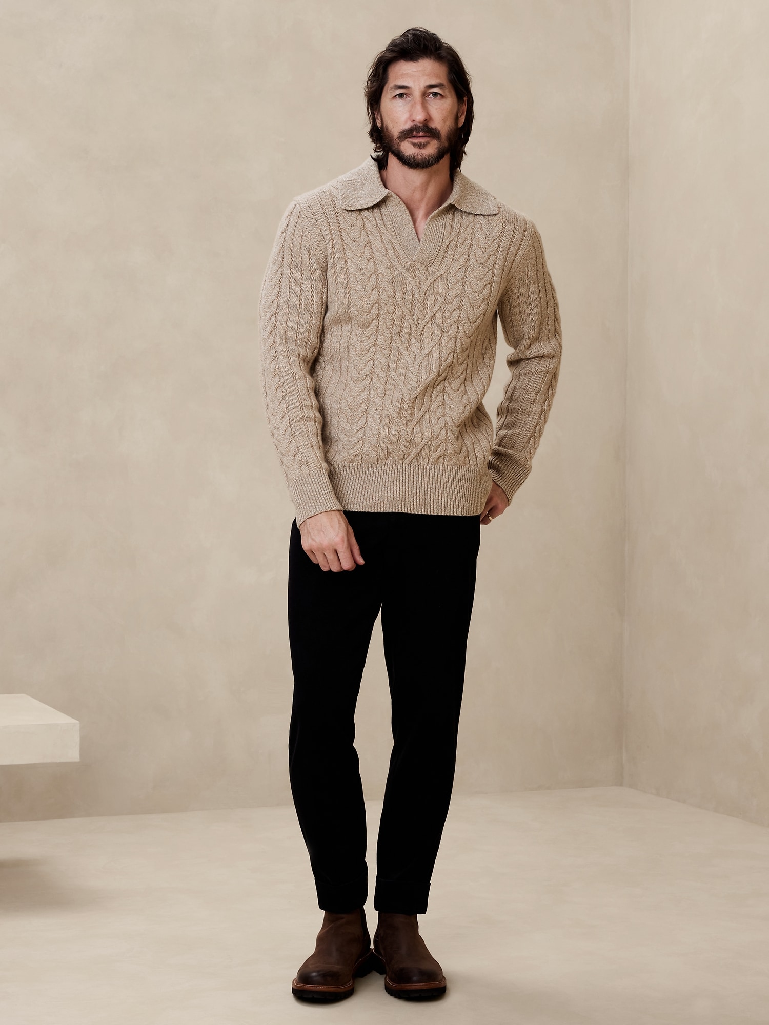 Men Brown Cable-Knit Wool-Cashmere Sweater
