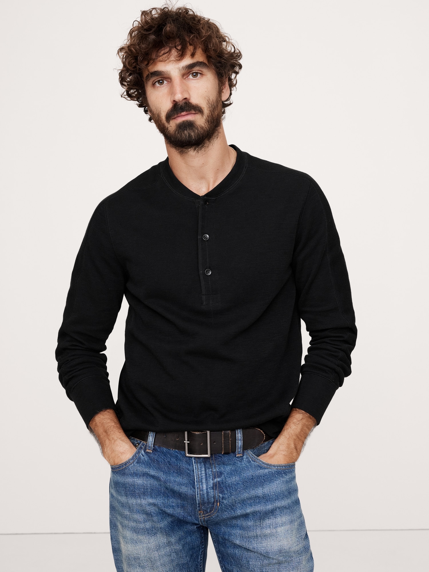 T-shirt henley en tricot double de fil flammé