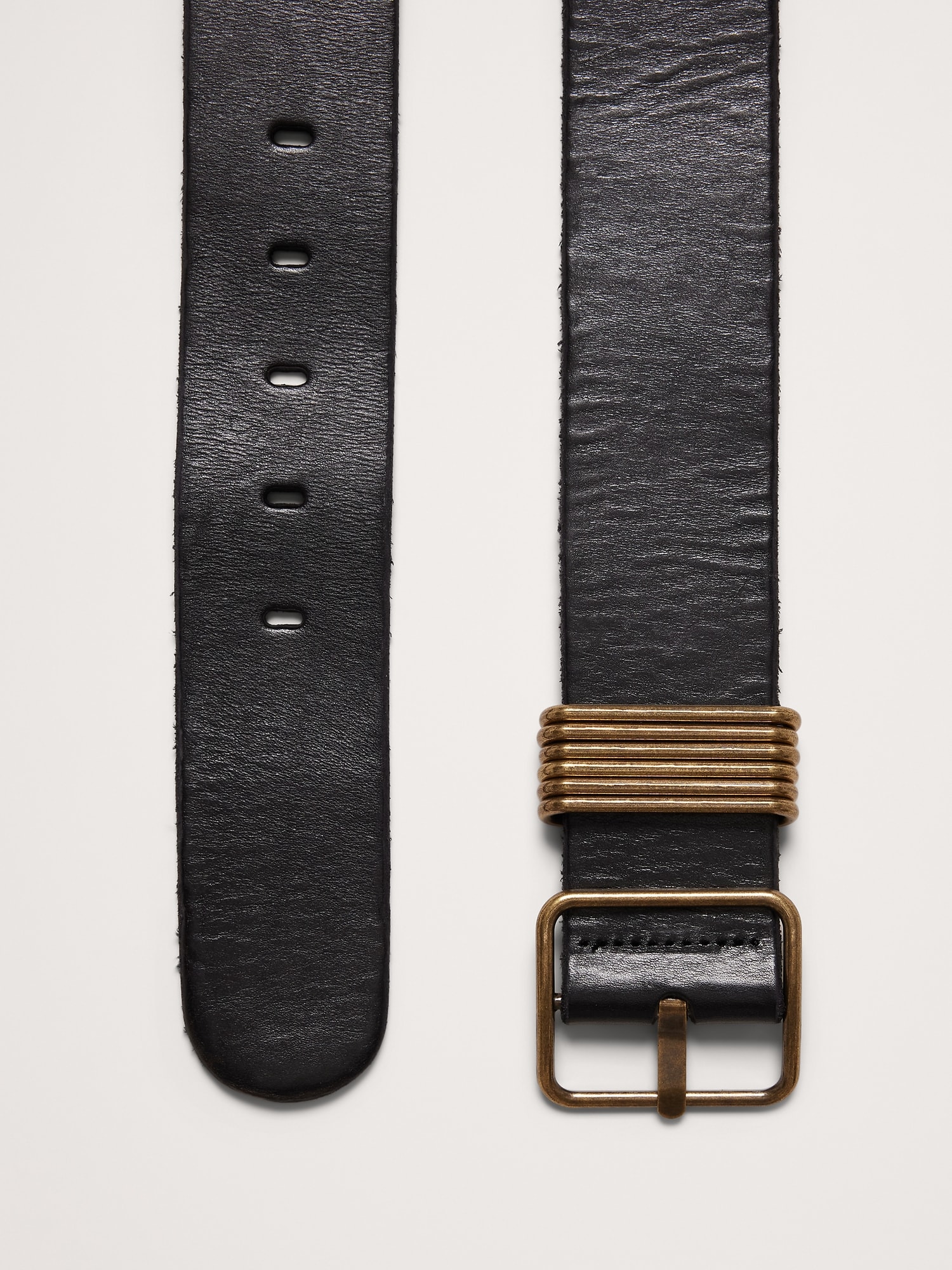 Leather Square-Buckle Waist Belt with 6 Bars