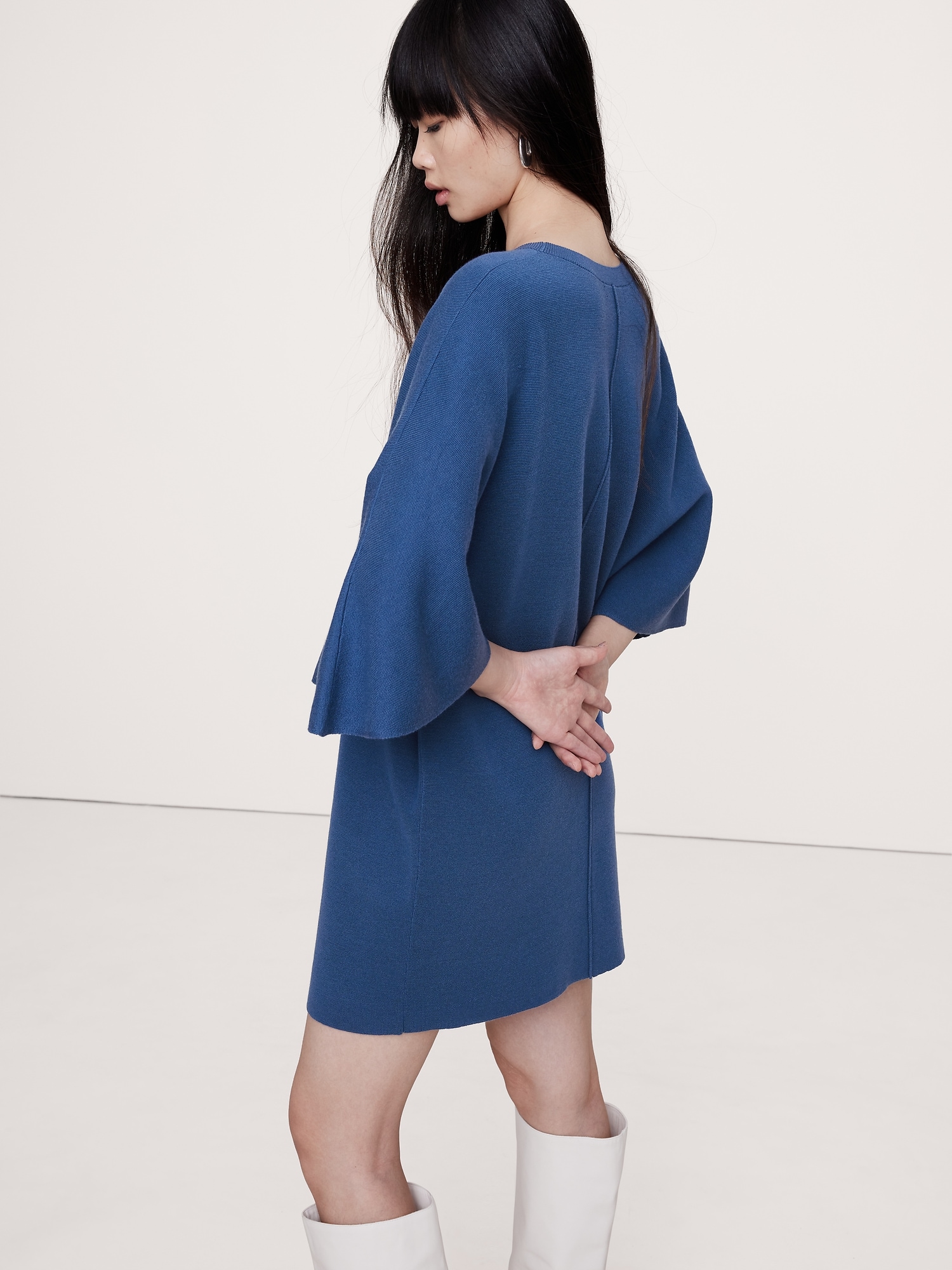 Merino Flutter-Sleeve Mini Sweater Dress