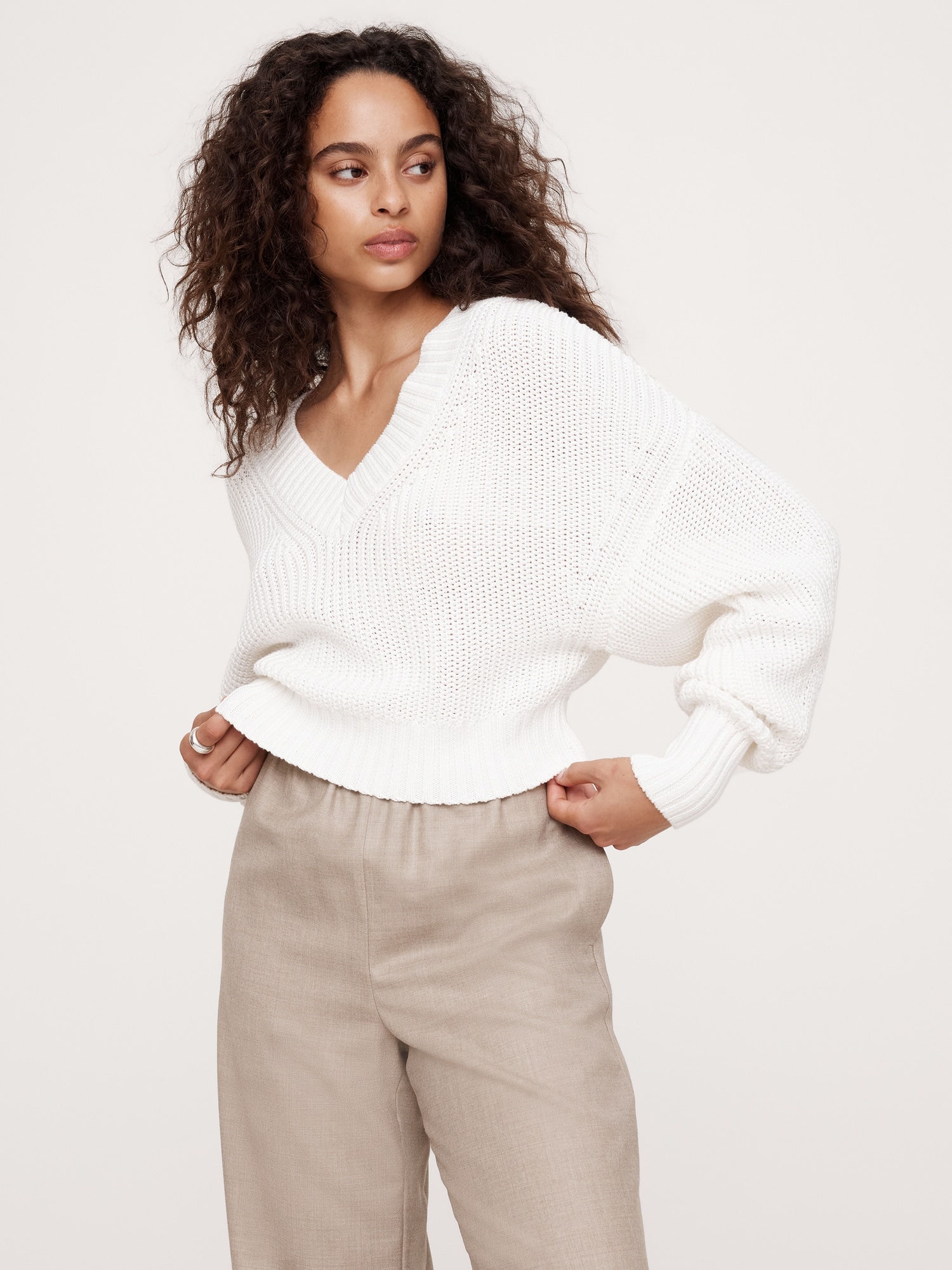 Oversized Cropped V-Neck Cotton Sweater