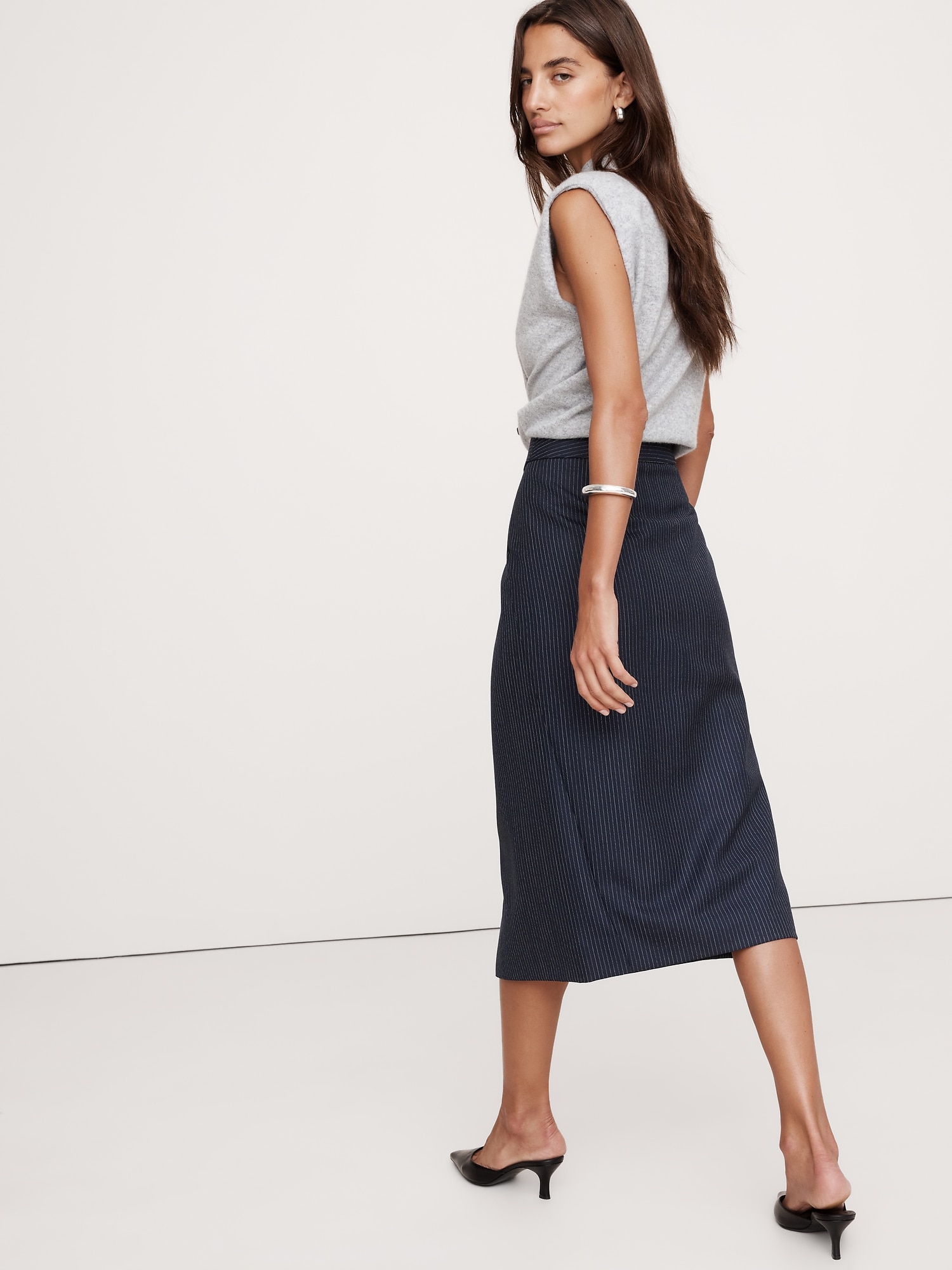 Pinstripe Italian Wool Midi Skirt