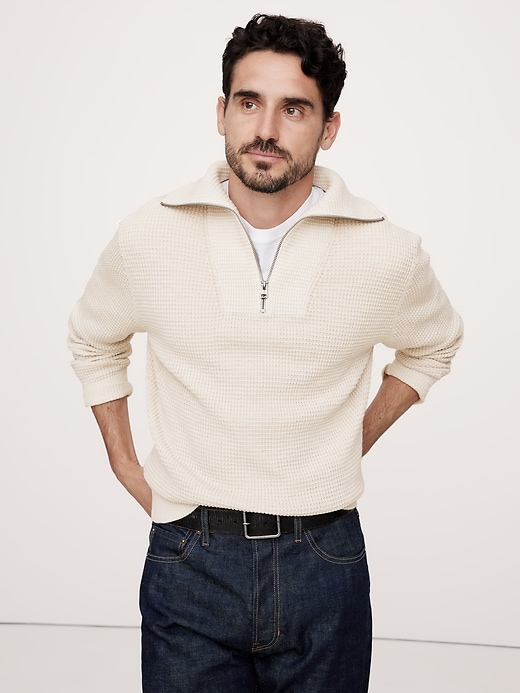 Cotton Waffle-Knit Half-Zip Sweater | Banana Republic