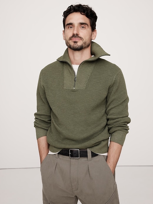 Cotton Waffle-Knit Half-Zip Sweater Banana Republic