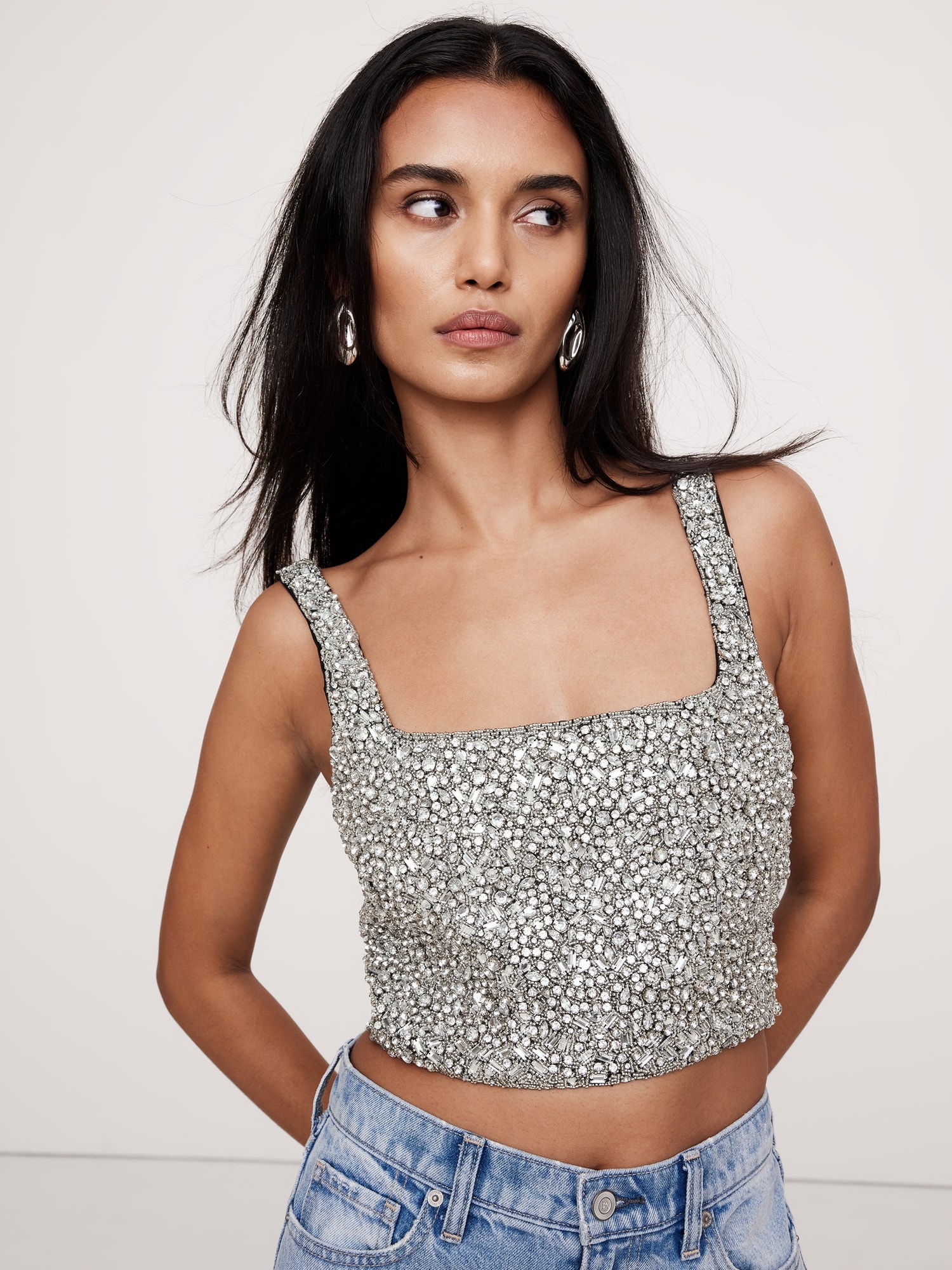 Embellished Satin Square-Neck Cropped Tank