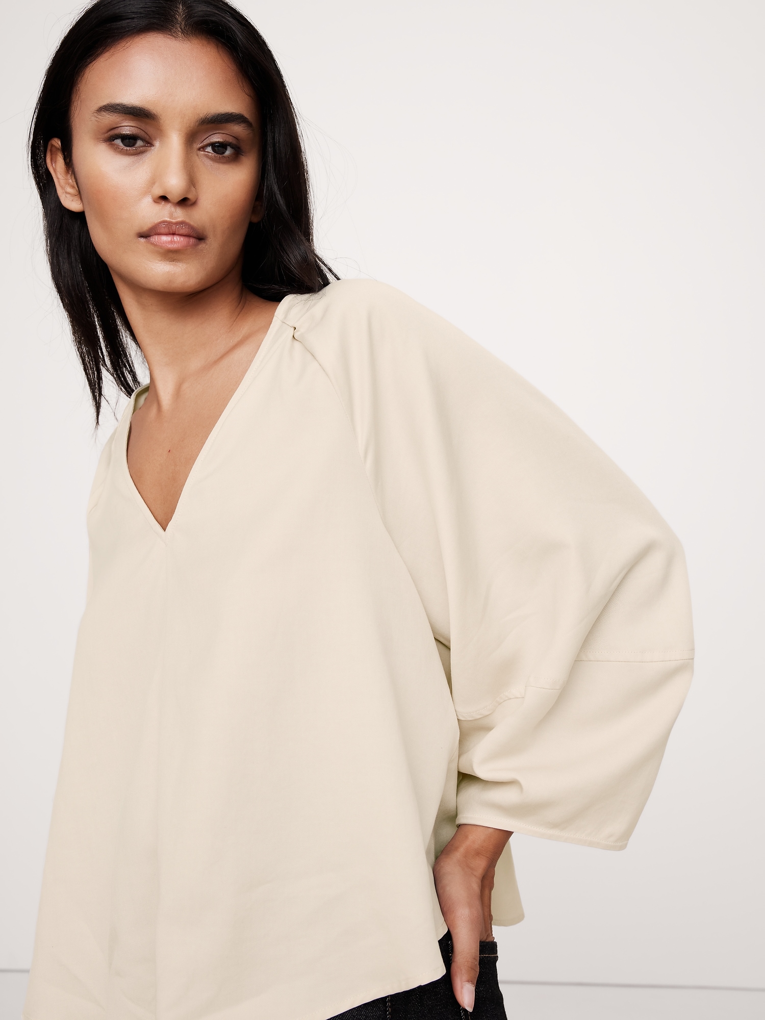 Tencel™-Cotton Twill Lantern-Sleeve Top