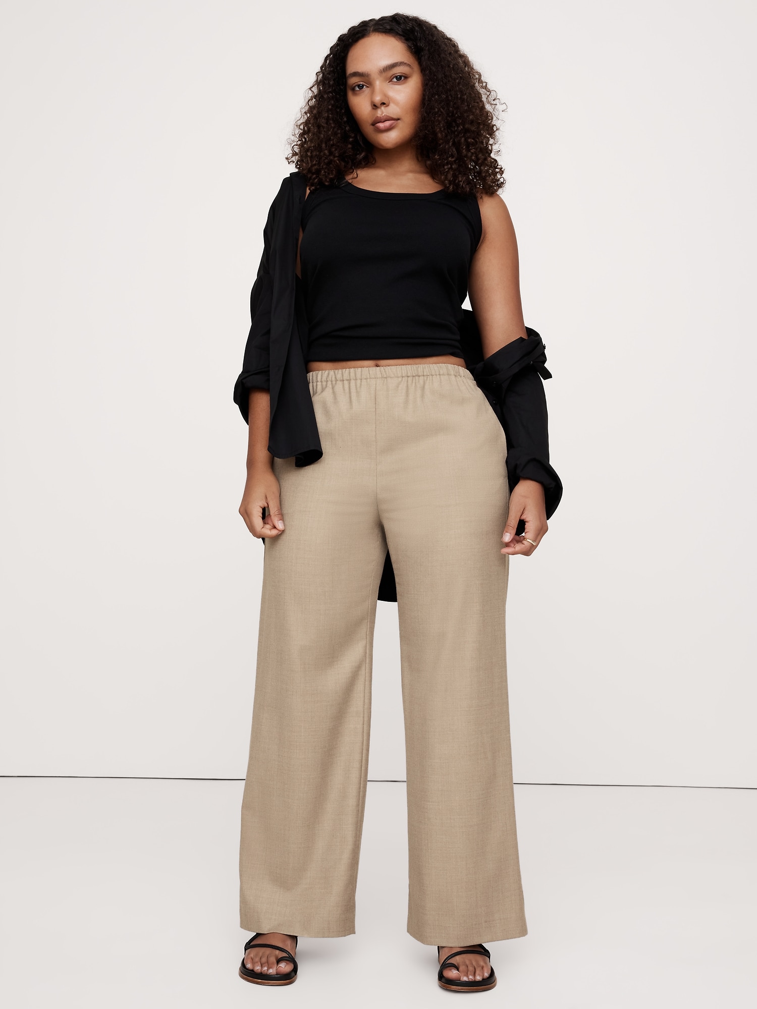 Pull-On Wide-Leg Lightweight Wool Flannel Pant