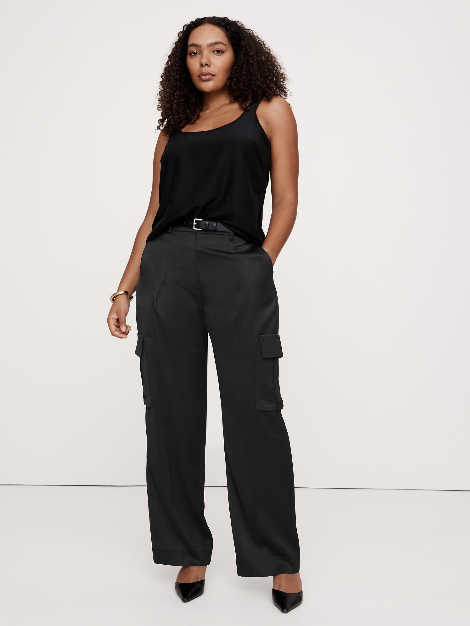 High-Rise Straight Italian Satin Cargo Pant