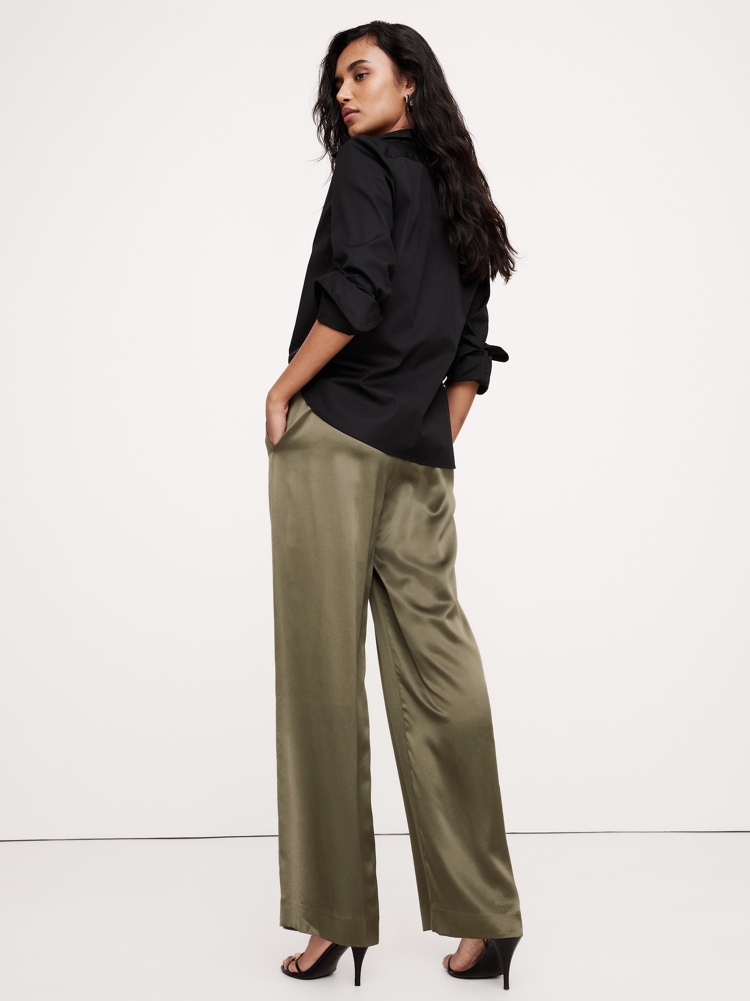 Pull-On Wide-Leg Silk Pant